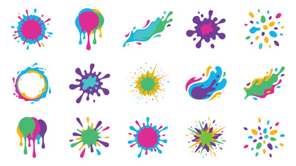 Fototapeta premium Colorful paint splashes set, abstract liquid drops and ink blot collection.
