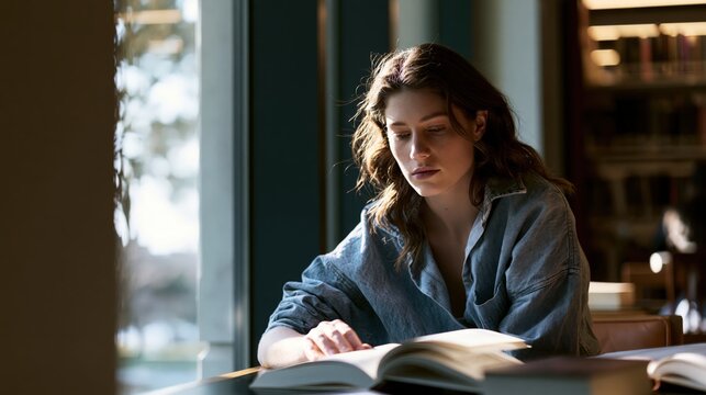 Woman Reading Book in Sunlit Library