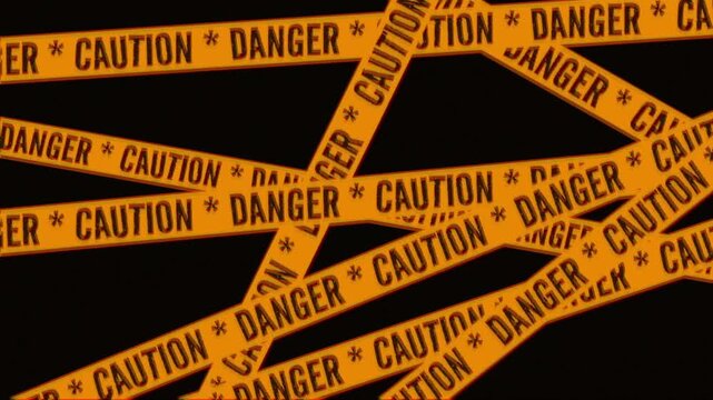 Danger Warning Tape Background with Play Button Icon &ndash; Restricted Content and Safety Alert Concept Eye-catching background featuring multiple yellow danger and caution tapes crossing over a black back