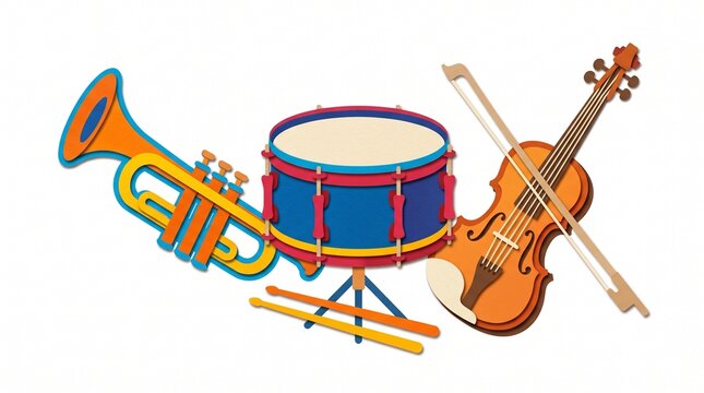Musical instruments drum set and string instruments