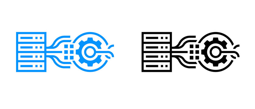 Data server rack connected to a gear icon representing system processing and maintenance