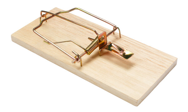 Mousetrap with wooden base, isolated on transparent cutout background