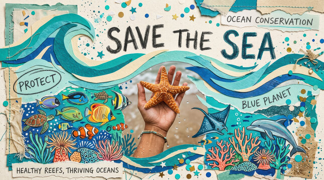 Paper collage promoting ocean conservation with hand holding starfish, colorful coral reef, tropical fish, dolphin and waves on textured background