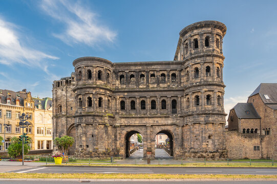 Historic Porta Nigra Roman City Gate in Trier, Germany at Golden Hour