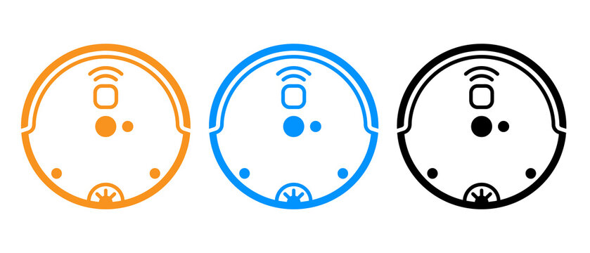 Three robot vacuum cleaner icons in orange blue and black outline styles for home design