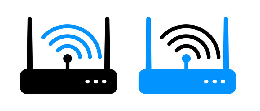 Set of two wireless internet router icons with signal strength waves for network connectivity