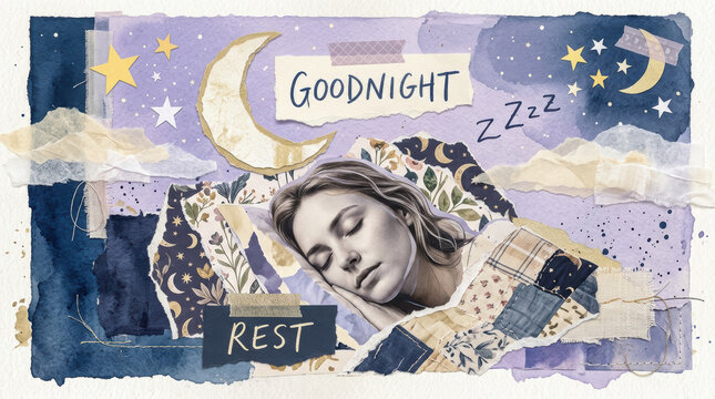 Goodnight Sleep Collage with Sleeping Woman Crescent Moon Stars and Watercolor Night Sky Cozy Rest Bedtime Dream Design Concept