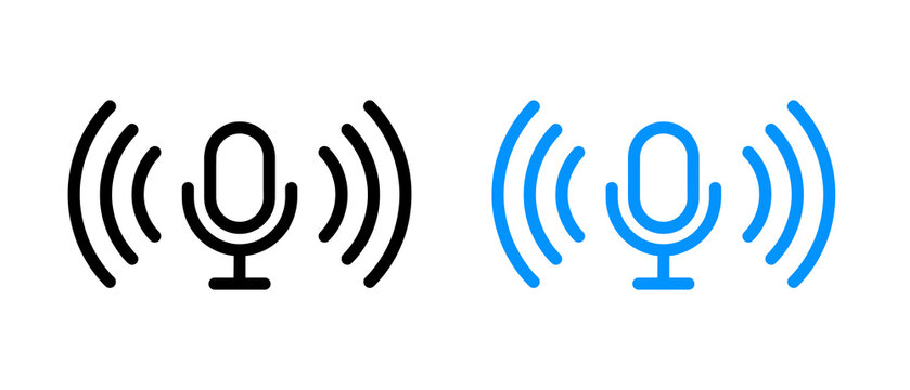 Black and blue microphone icons with sound waves for podcasting and live streaming broadcast