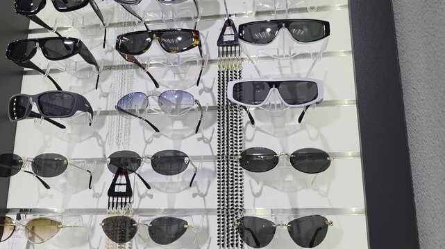 Showcase of many different sunglasses on white wall display, offering various frame styles and lens colors, fashion accessories for eye protection and individual style.