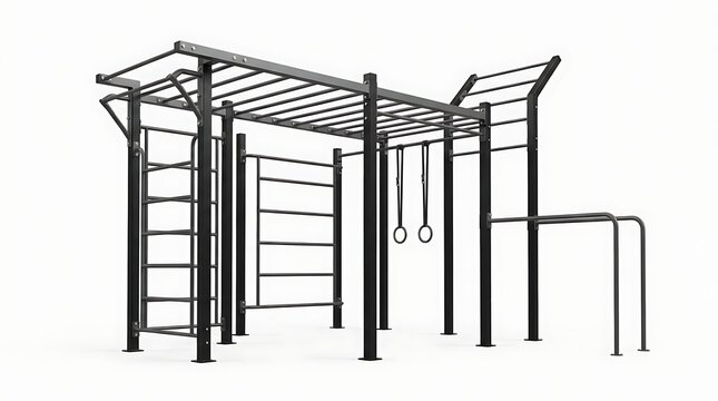 Professional outdoor fitness calisthenics rig with monkey bars, pullup bars, gymnastic rings, and wall bars isolated on white background