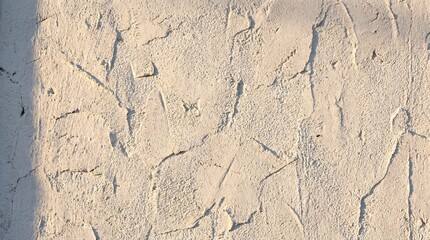 Sunlight illuminates textured white stucco wall with rough uneven surface. © RK graphics