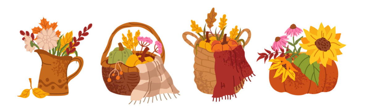 Fall harvest basket with autumn pumpkins and colorful foliage in flat vector style. Cute farm illustration with seasonal vegetables, wheat bundles and sunflowers on isolated background.