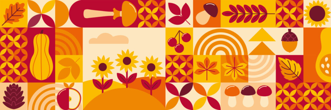 Simple geometric pattern with fall leaves and abstract seasonal elements on modern background. Autumn design with pumpkin icons, harvest shapes and organic foliage for banners and decorative cards.