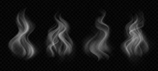Obraz premium Hot coffee smoke effect with transparent water steam on black background. Realistic warm white vapor from heated tea cup. Isolated PNG overlay for abstract food and drink designs.