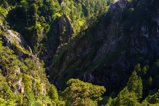 High angle view of a steep mountain gorge and hiking trail with boardwalks in Palfau, Austrian Alps