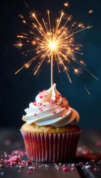 Mini cupcake topped with a sparkling firework , festive, candle