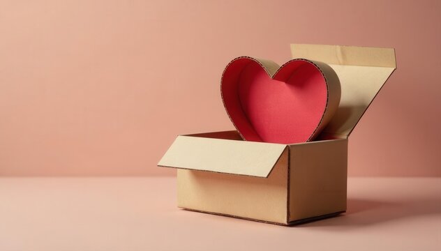 Open heart cardboard box, wood excelsior filling Pastel brown background , cardboard, design