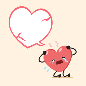 Cute crying heart character with cracked heart speech bubble cartoon vector illustration