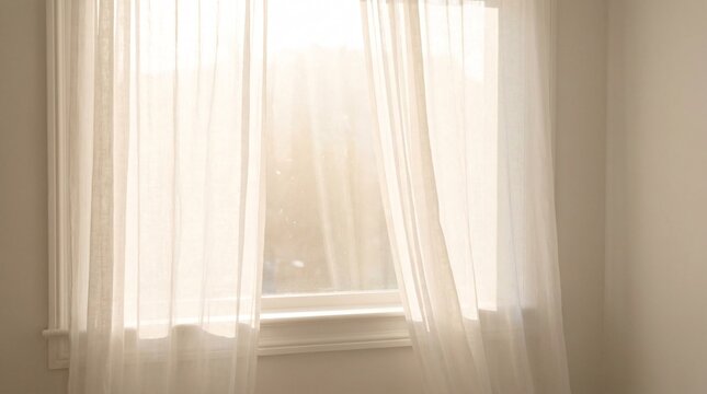 White sheer curtains hanging over bright window in daylight.