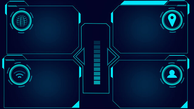 Futuristic digital interface with four panels and icons. This futuristic digital interface provides a futuristic tech frame. Futuristic digital interface for scifi visuals.