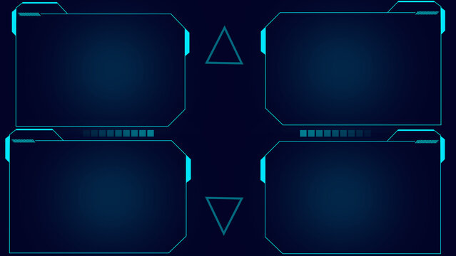 Abstract futuristic interface with four panels. This abstract futuristic interface provides a futuristic frame. Abstract futuristic interface for technology presentations.