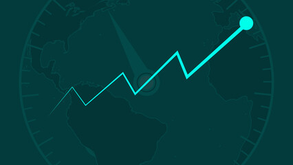 Fototapeta premium Teal upward trend line graph over earth radar. This teal upward trend line graph visualizes financial growth. Teal upward trend line graph for global reports.