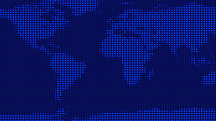 Dark blue dotted world map background. This dark blue dotted world map visualizes international data. Dark blue dotted world map for global technology themes. © Sabrix