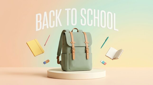 Back to school concept with a green backpack and floating stationery items on a soft pastel background