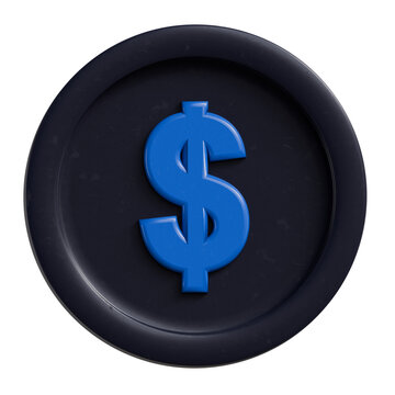 3D Blue Dollar Sign on Black Coin Isolated on White Background