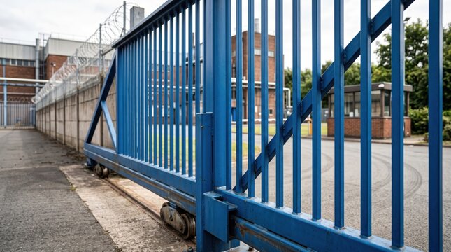 Security gate at a facility with a brick building in the background on a cloudy day