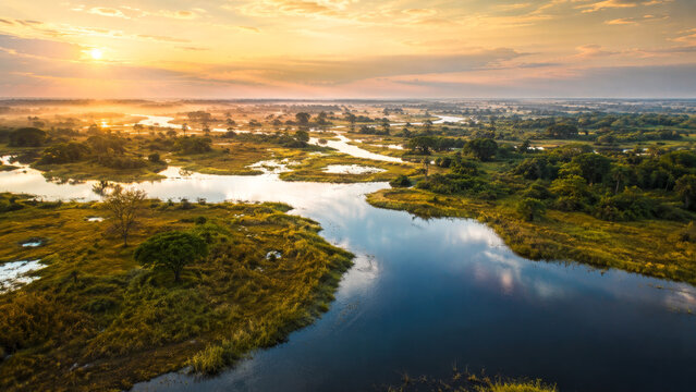 Aerial Sunrise Over African River Delta Landscape with Lush Vegetation
