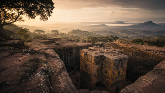 Ancient Rock Hewn Church Structure Carved Into Earth in Rolling Misty Landscape