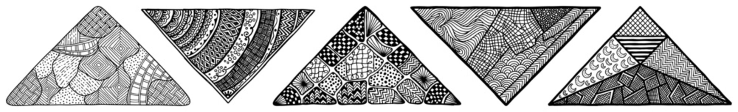 Triangles with intricate hand drawn zentangle patterns and geometric doodle textures