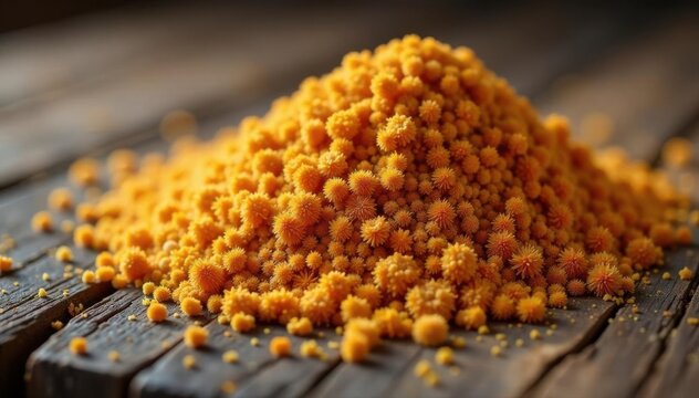 Pile of dried foxtail millet seeds on rustic surface, country, macro, farm