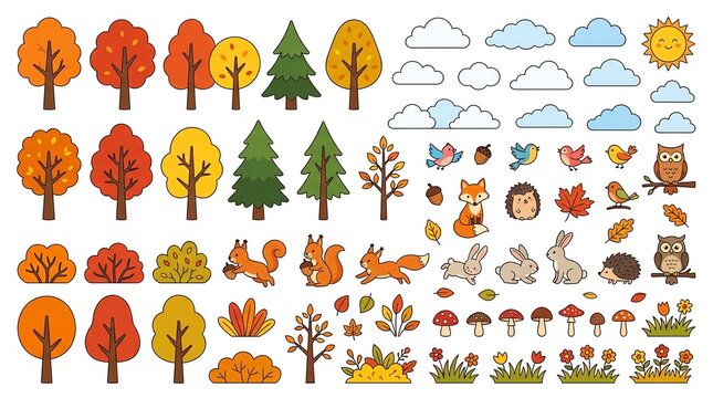 Set of cute autumn forest elements including trees animals mushrooms clouds and plants for scrapbooking and design