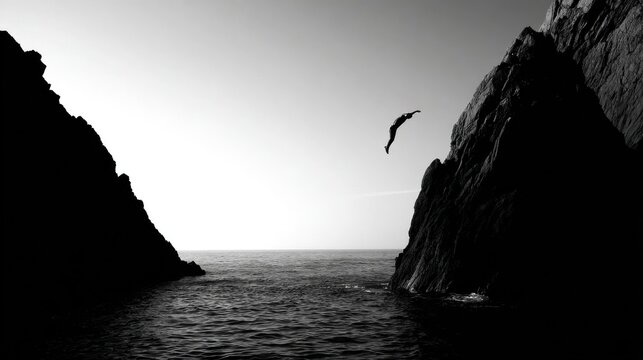 Diver cliff jumping ocean rocks