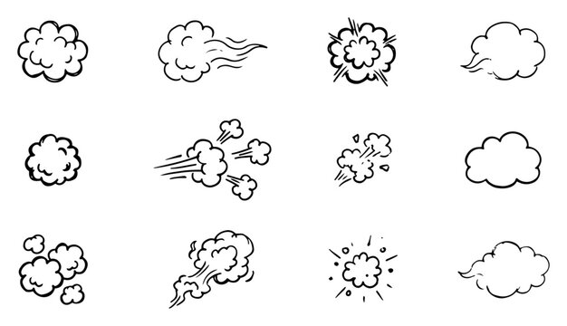 Smoke clouds and steam puffs for comic book effects in a hand drawn doodle style