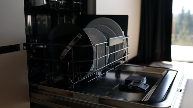 An open automatic dishwasher machine packed with clean white plates and dishes after a washing cycle. The shot captures a modern kitchen interior, efficient housekeeping, routine home chores, and
