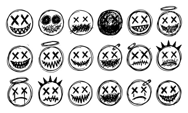Smiley face emoji icons with grunge scribbles and punk cross eyes