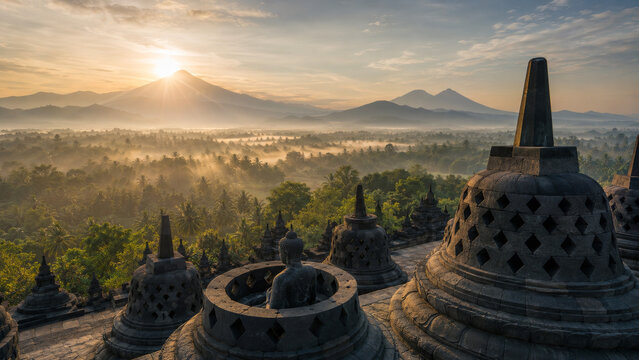Golden Sunrise Over Ancient Buddhist Stupas and Misty Valley Landscape