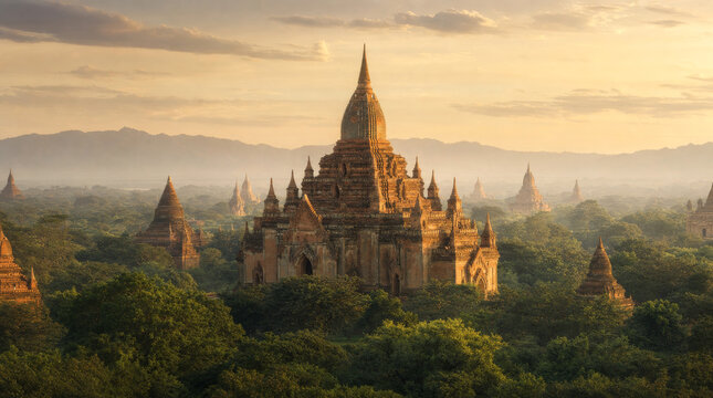 Ancient Temple Pagoda Architecture Landmark in Misty Forest Landscape