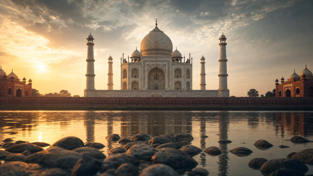 Majestic Taj Mahal Mausoleum Landmark with Mirrored Reflection in Water at Sunrise