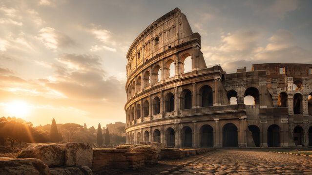 Golden Hour Sunrise Over the Ancient Roman Colosseum Amphitheater in Rome, Italy