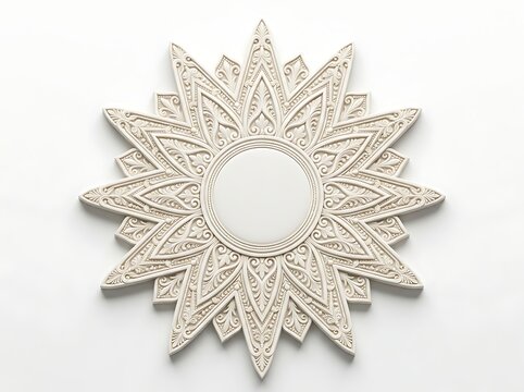 Decorative circular wall medallion with intricate floral carvings and starburst design isolated on white background