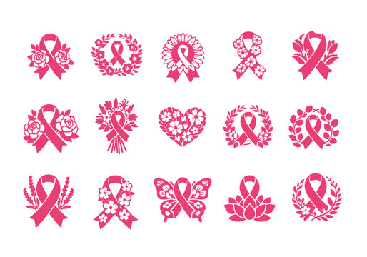 Breast Cancer Awareness Ribbon Floral Vector Icon Set For Crafts And Design