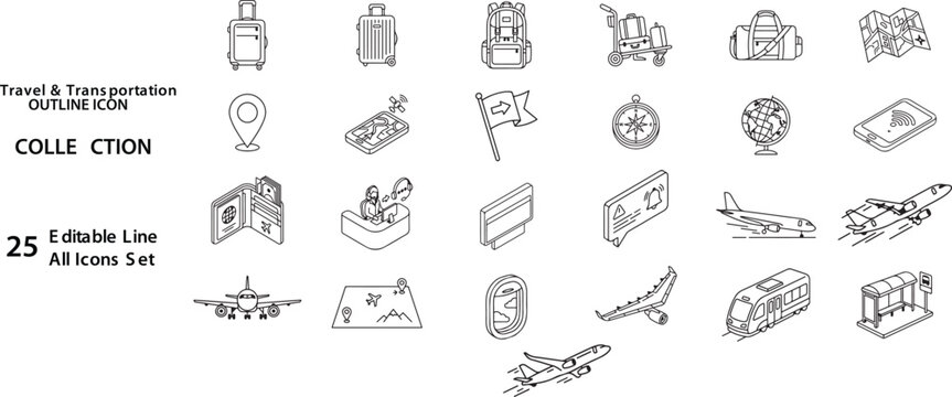 Travel and Transportation Outline Icon Set Collection with Luggage, Airplane, Train, Bus, Taxi, Metro, Passport, Boarding Pass, Map, Globe, Location Pin and Editable Line Vector Icons