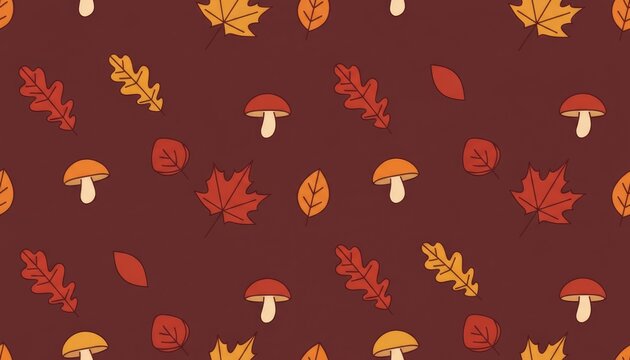 Autumn seamless pattern on brown background, fall leaves and mushrooms repeat texture, cozy seasonal wallpaper design