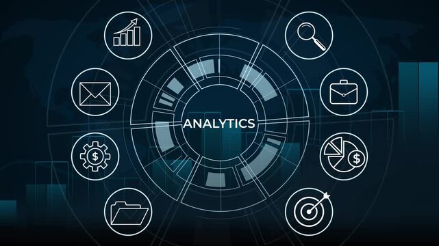 Cyber HUD Analytics Concept Motion Graphic with Corporate Line Icons and Financial Graph Overlay