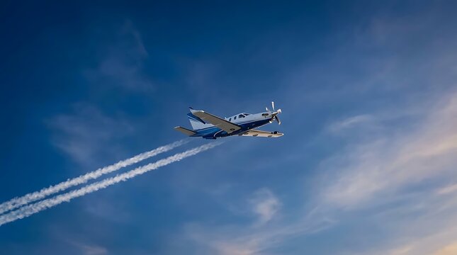 A singleengine turboprop airplane flying through a clear blue sky with visible contrails trailing behind it during the day