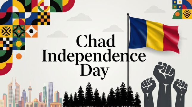 Patriotic Chad Independence Day illustration banner featuring national flag, raised fists symbolizing freedom, African geometric patterns, city skyline silhouette and vibrant 11 August celebration